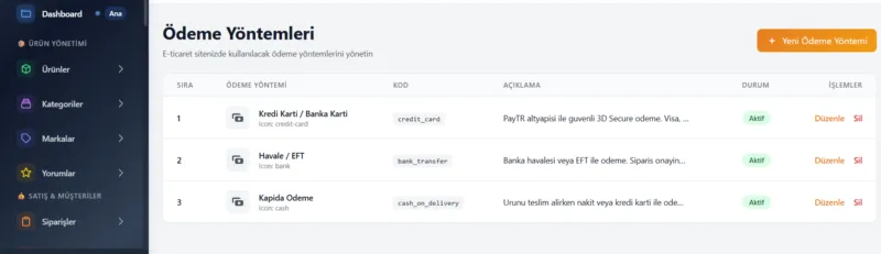 E-ticaret ödeme yöntemleri ekranı: kredi kartı, havale/EFT ve kapıda ödeme seçenekleri