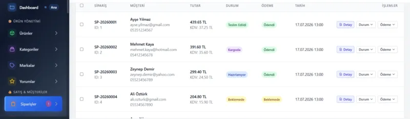 E-ticaret sipariş yönetimi ekranı: sipariş no, müşteri, tutar, KDV, durum ve ödeme sütunları