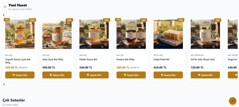 E-ticaret ürün listeleme ekranı: indirim ve yeni rozetleri, fiyat, sepete ekle butonları