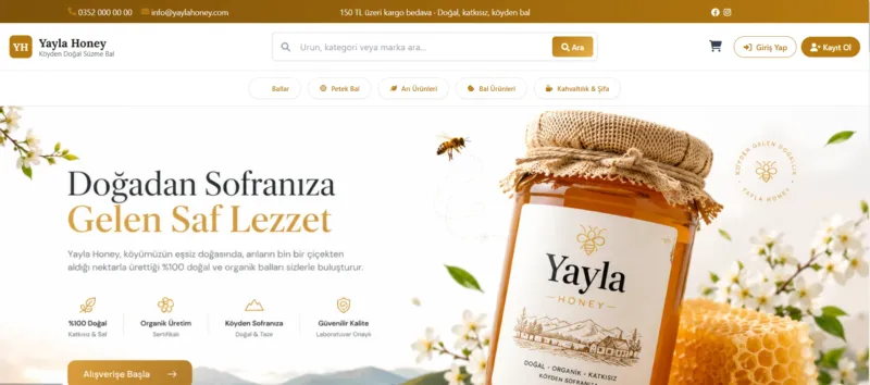 Hoays e-ticaret yazılımıyla kurulmuş örnek mağaza vitrini: logo, arama kutusu, kategoriler ve kampanya duyurusu