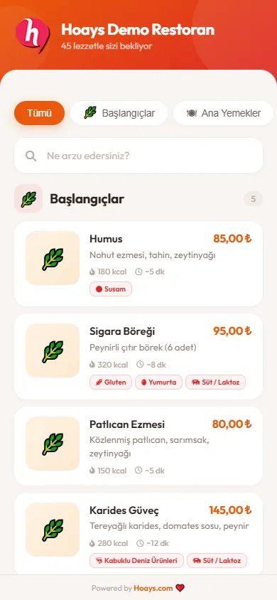 Hoays QR Dijital Menü - Mobil menü görünümü, kategoriler ve fiyatlar