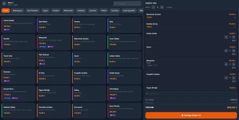 Hoays POS Sipariş Ekranı - Menü grid, sipariş paneli ve ödeme özeti